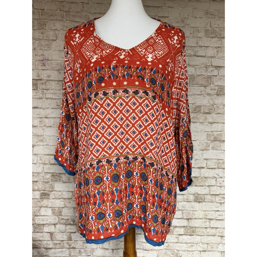 World Market Women's Boho Gauzy Aztec Floral Babydoll Tunic Top S M 3/4 Sleeve